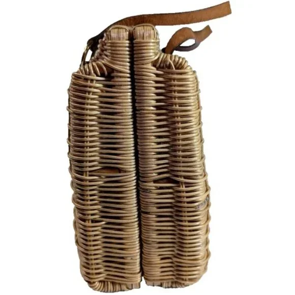 VTG Handwoven Wicker Basket Satchel Handbag Tan Leather-Brass Accents Hong Kong - Picture 5 of 11